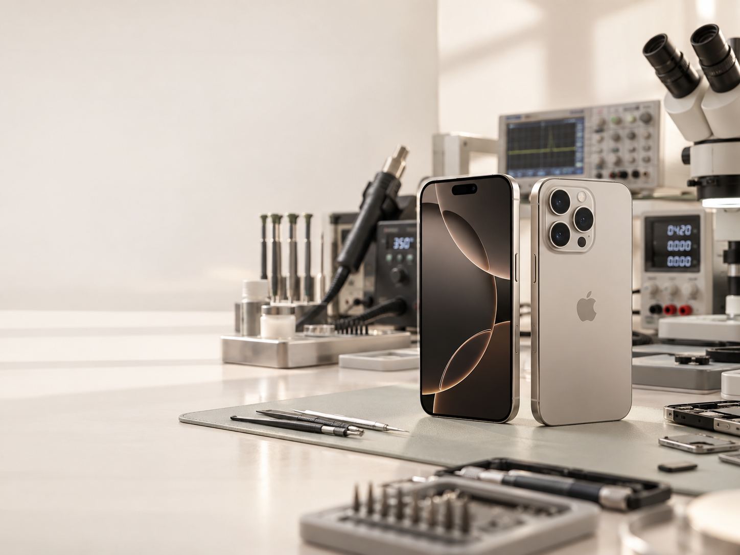 Visual iPhone 17 Pro Max depan dan belakang di meja servis premium dengan blower, power supply, oscilloscope, dan microscope